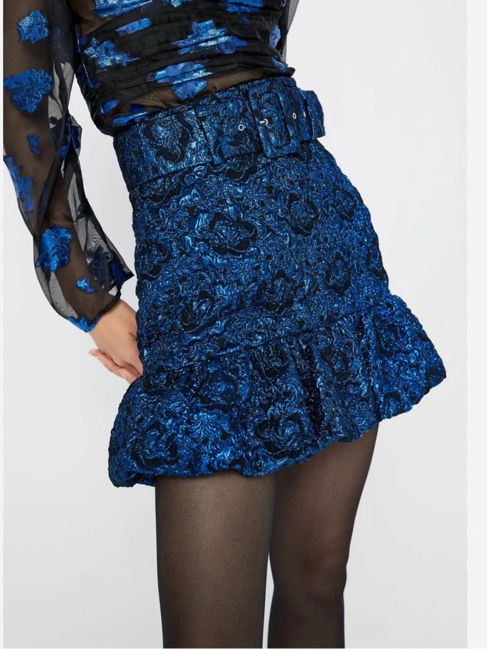 Zara Blue Black Metallic Jacquard Bubble Hem Belted Mini Skirt Small